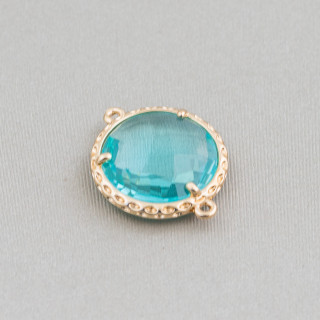 Brass Component Connector with Crystals Set Round 16mm 16pcs Golden Light Blue