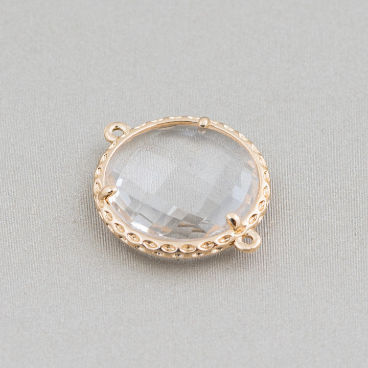 Messing-Komponentenverbinder mit eingebetteten Kristallen, rund, 18 mm, 10 Stück, golden, transparent, weiß