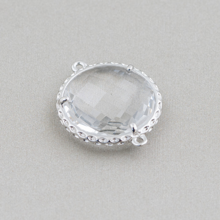 Brass Component Connector with Embedded Crystals Round 18mm 10pcs Rhodium Plated Transparent