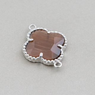 Conector de componente de latón con juego de cristales de ojo de gato Trébol de cuatro hojas 18x24 mm 10 piezas Rodio marrón