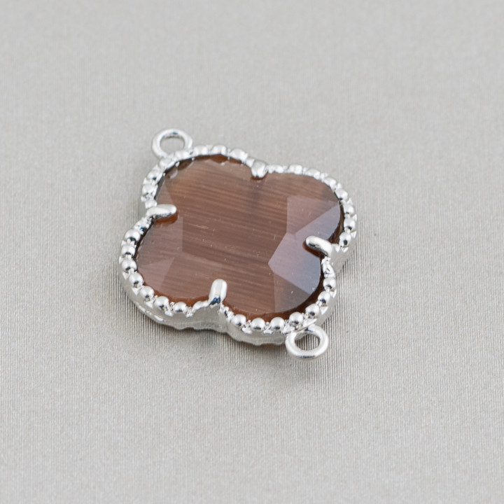 Conector de componente de latón con juego de cristales de ojo de gato Trébol de cuatro hojas 18x24 mm 10 piezas Rodio marrón