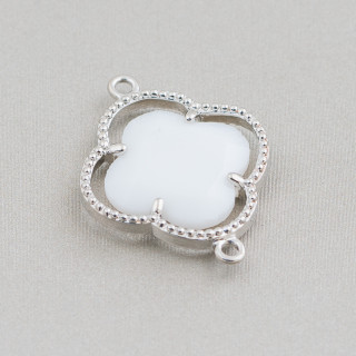 Connecteur de composant en laiton avec cristaux d'oeil de chat serti de trèfle à quatre feuilles 20x28mm 10 pièces d'agate blanc