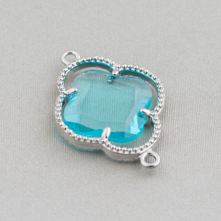 Connettore Componente Di Ottone Con Cristalli Occhio Di Gatto Incastonati Quadrifoglio 20x28mm 10pz Rodiato Blu Chiaro