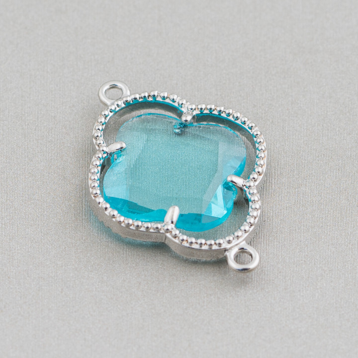 Conector de componente de latón con juego de cristales de ojo de gato trébol de cuatro hojas 20x28mm 10 piezas rodiado azul clar