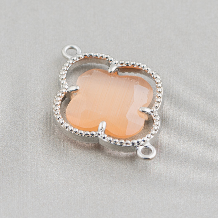 Brass Component Connector with Cat's Eye Crystals Set in Four Leaf Clover 20x28mm 10pcs Rhodium Plated Peach