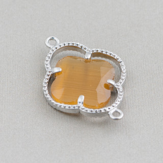Connettore Componente Di Ottone Con Cristalli Occhio Di Gatto Incastonati Quadrifoglio 20x28mm 10pz Rodiato Marrone