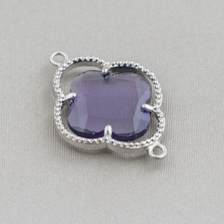Brass Component Connector with Cat's Eye Crystals Set in Four Leaf Clover 20x28mm 10pcs Rhodium Plated Purple