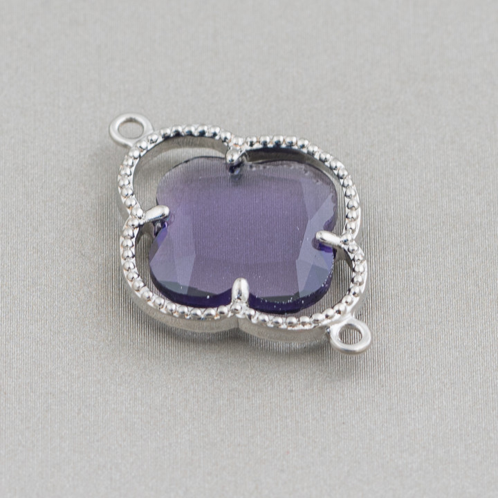 Brass Component Connector with Cat's Eye Crystals Set in Four Leaf Clover 20x28mm 10pcs Rhodium Plated Purple