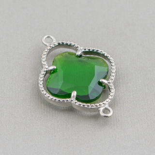 Connettore Componente Di Ottone Con Cristalli Occhio Di Gatto Incastonati Quadrifoglio 20x28mm 10pz Rodiato Verde Bottiglia