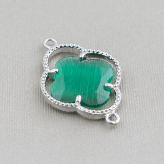 Connecteur Composant Laiton Avec Cristaux Oeil De Chat Trèfle À Quatre Feuilles 20x28mm 10pcs Plaqué Rhodium Vert Émeraude
