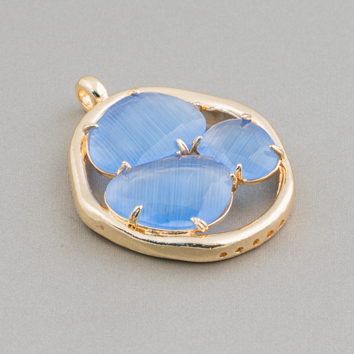 Brass Component Connector with 3 Stone Cat's Eye 32x41mm 4pcs Golden Light Blue