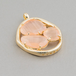 Connettore Componente Di Ottone Con Occhio Di Gatto A 3 Pietre 32x41mm 4pz Dorato Pesca