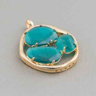 Brass Component Connector with 3 Stone Cat's Eye 32x41mm 4pcs Golden Emerald Green