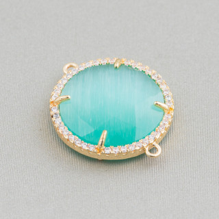 Messing-Komponentenverbinder mit eingebettetem Katzenauge und Zirkonen 20 mm 6 Stk. Golden Aqua