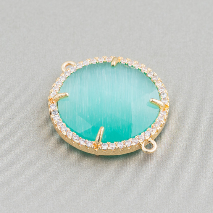 Connecteur de composants en laiton avec oeil de chat et zircons intégrés 20mm 6pcs Golden Aqua