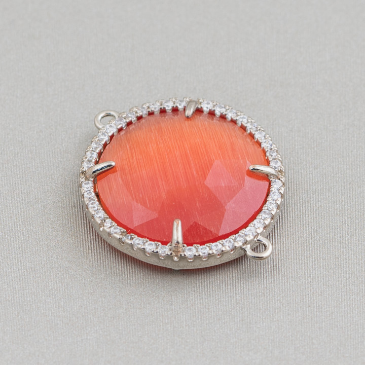 Messing-Komponentenverbinder mit eingebettetem Katzenauge und Zirkonen, 20 mm, 6 Stück, orange, rhodiniert