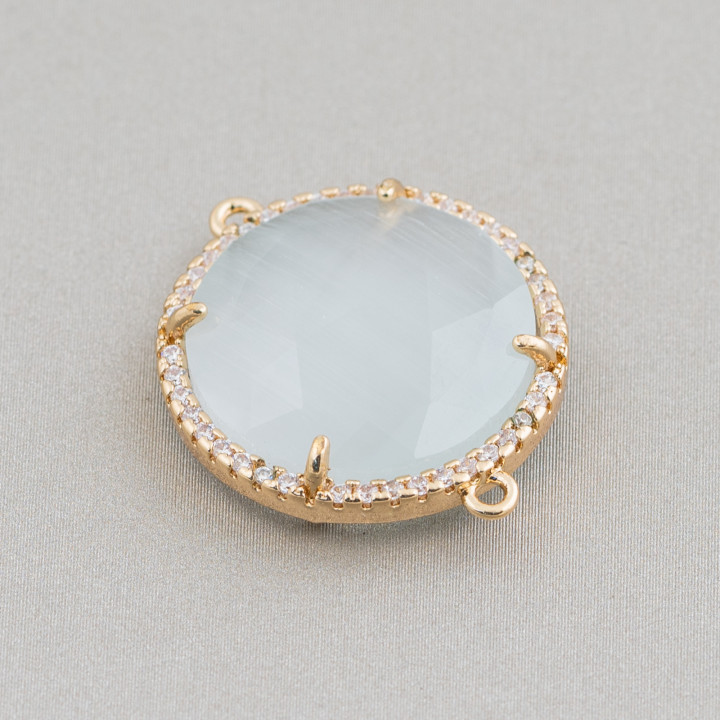 Connettore Componente Di Ottone Con Occhio Di Gatto Incastonati e Zirconi 20mm 6pz Dorato Bianco