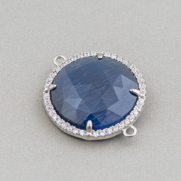 Connecteur Composant Laiton Avec Oeil de Chat et Zircons Intégrés 20mm 6pcs Plaqué Rhodium Bleu