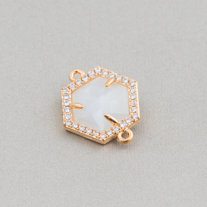 Conector de componente de latón con ojo de gato incrustado y hexágono de circonita cúbica 14 mm 10 piezas blanco dorado
