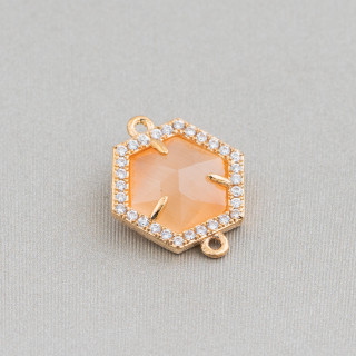 Brass Component Connector with Set Cat's Eye and Zircons Hexagon 14mm 10pcs Golden Peach