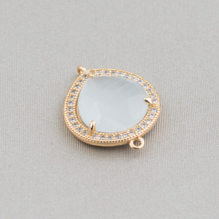 Brass Component Connector with Set Cat's Eye and Drop Zircons 16x16mm 10pcs White Golden