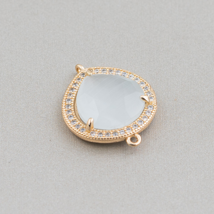 Brass Component Connector with Set Cat's Eye and Drop Zircons 16x16mm 10pcs White Golden