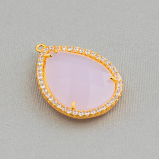 Brass Component Connector With Set Cat's Eye and Drop Zircons 19x24mm 10pcs With 1 Dark Pink Golden Ring