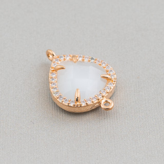 Messingkomponentenverbinder mit eingebettetem Katzenauge und Tropfenzirkonen 2 16 x 16 mm 10 Stk. Golden White