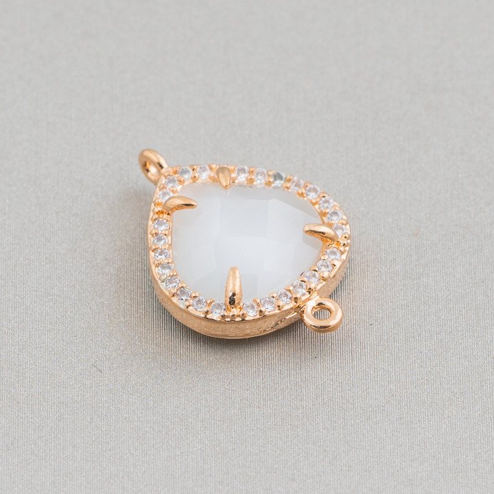 Brass Component Connector With Set Cat's Eye and Zircons Drop 2 16x16mm 10pcs White Golden