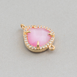 Conector de componente de latón con ojo de gato incrustado y circonitas de gota 2 16x16 mm 10 piezas Fucsia dorada