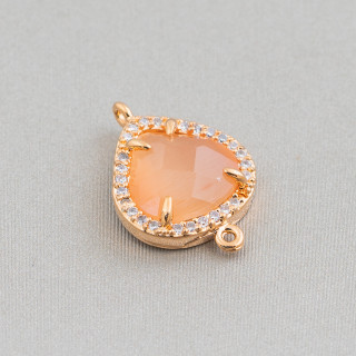 Brass Component Connector With Set Cat's Eye and Zircons Drop 2 16x16mm 10pcs Golden Peach
