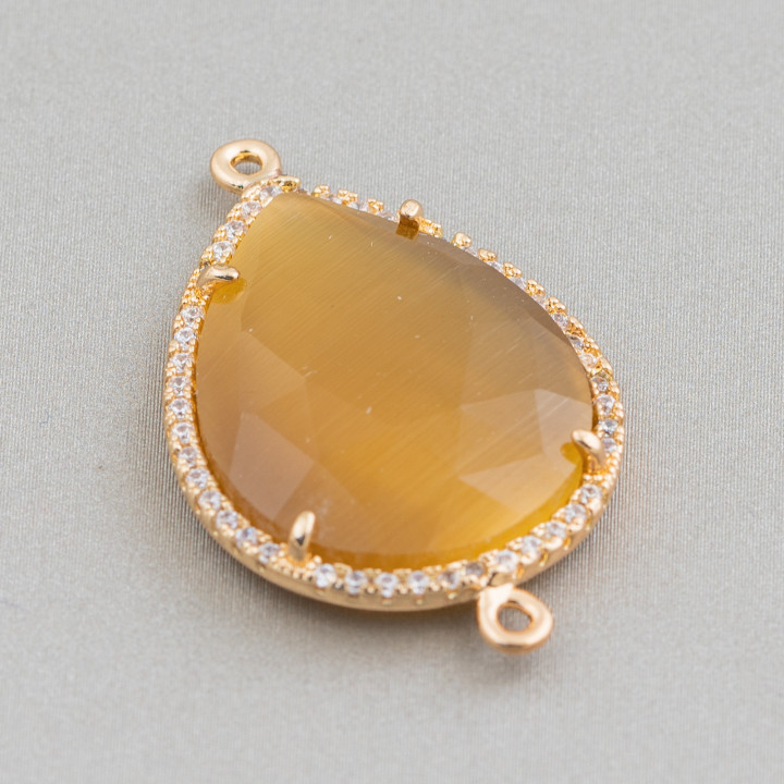 Connecteur Composant Laiton Avec Zircons Oeil de Chat et Goutte Incorporés 22x30mm Avec 2 Anneaux 6pcs Marron Doré