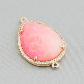 Messing-Komponentenverbinder mit eingebettetem Katzenauge und Tropfenzirkonen 22 x 30 mm mit 2 Ringen 6 Stück goldene orangefarb