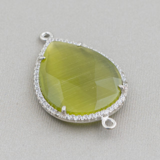 Connettore Componente Di Ottone Con Occhio Di Gatto Incastonati e Zirconi Goccia 22x30mm Con 2 Anellini 6pz Rodiato Verde Bosco