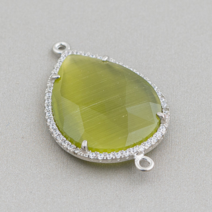 Connecteur Composant Laiton Avec Zircons Oeil de Chat et Goutte Incorporés 22x30mm Avec 2 Anneaux 6pcs Vert Rhodium Forêt