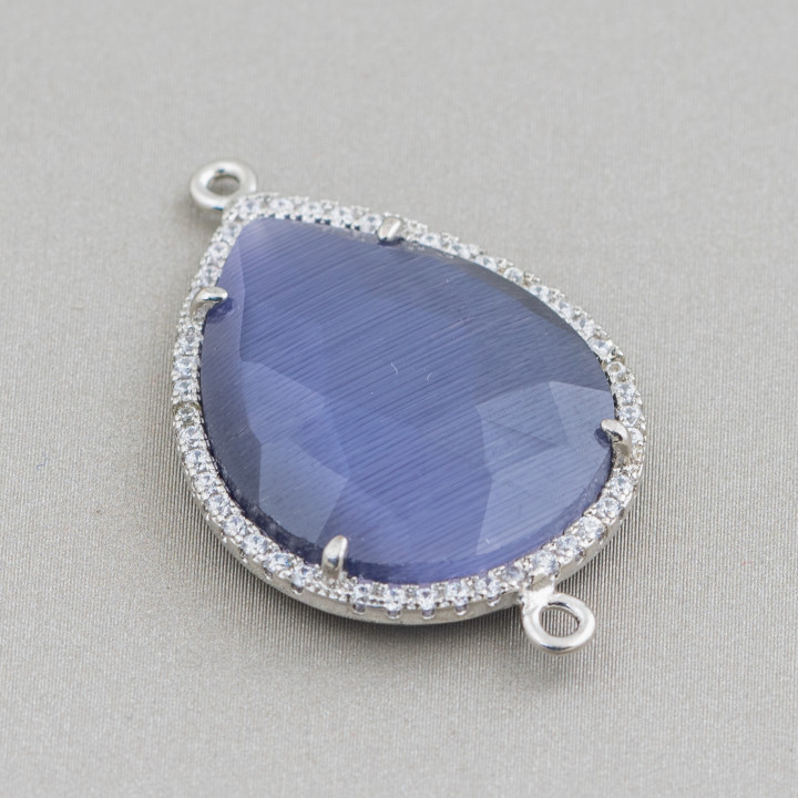 Connecteur Laiton Oeil de Chat et Goutte Zircons 22x30mm Avec 2 Anneaux 6pcs Rhodium Bleu Violet