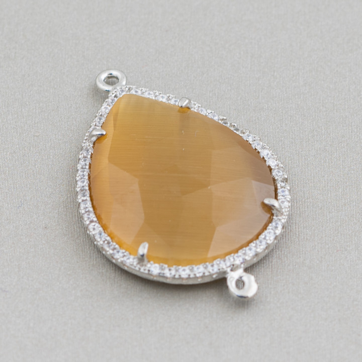 Brass Component Connector With Cat's Eye Set and Drop Zircons 22x30mm With 2 Rings 6pcs Rhodium Plated Brown Chi