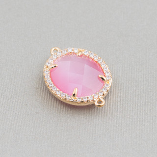 Conector de Componente de Latón con Ojo de Gato Incrustado y Circonitas Ovaladas 16x18mm 10pcs Dorado Fucsia