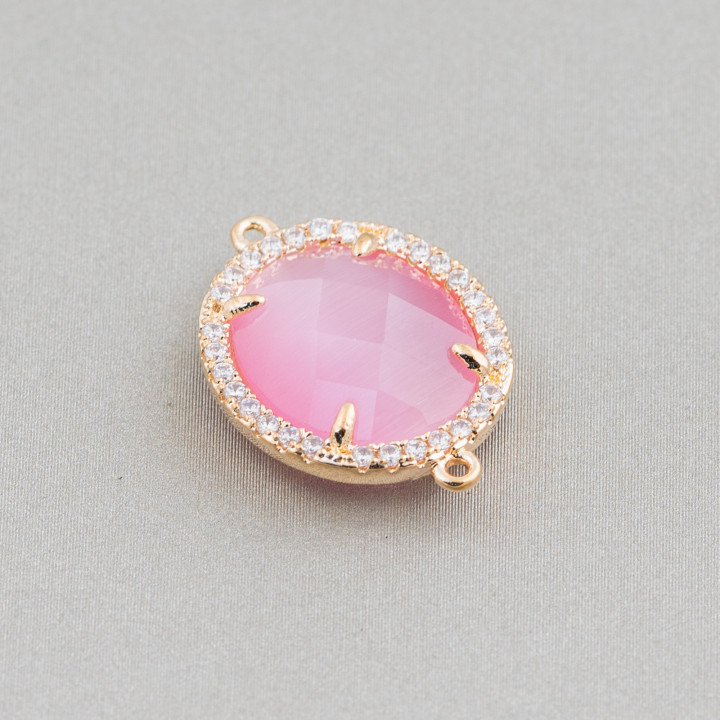 Conector de Componente de Latón con Ojo de Gato Incrustado y Circonitas Ovaladas 16x18mm 10pcs Dorado Fucsia