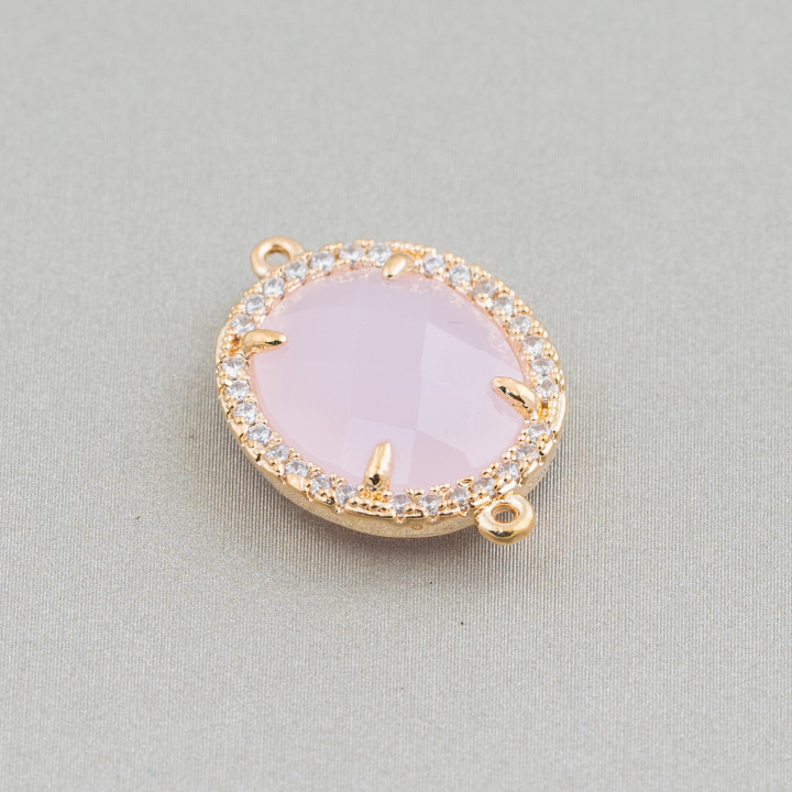 Conector de Componente de Latón con Ojo de Gato Incrustado y Circonitas Ovaladas 16x18mm 10pcs Rosa Dorado