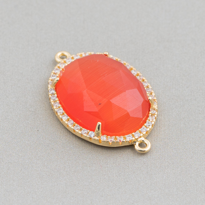 Komponentenverbinder aus Messing mit eingebettetem Katzenauge und Zirkonia Oval 18 x 23 mm Dicke 7 mm mit 2 Ringen 6 Stück Golde