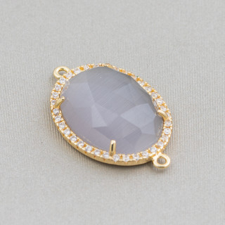 Conector Componente Latón Con Ojo De Gato Incrustado Y Circonitas Ovalado 18x23mm Espesor 7mm Con 2 Anillos 6pcs Dorado