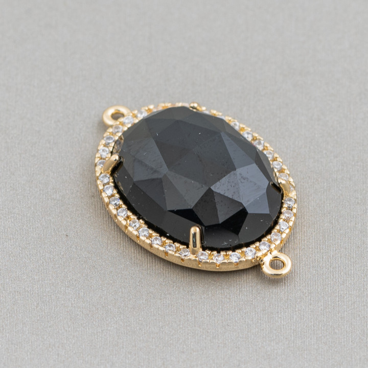 Komponentenverbinder aus Messing mit eingebettetem Katzenauge und Zirkonia Oval 18 x 23 mm Dicke 7 mm mit 2 Ringen 6 Stück Golde