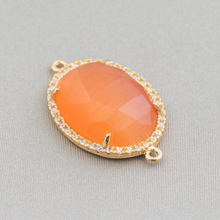 Komponentenverbinder aus Messing mit eingebettetem Katzenauge und Zirkonia Oval 18 x 23 mm Dicke 7 mm mit 2 Ringen 6 Stück Golde
