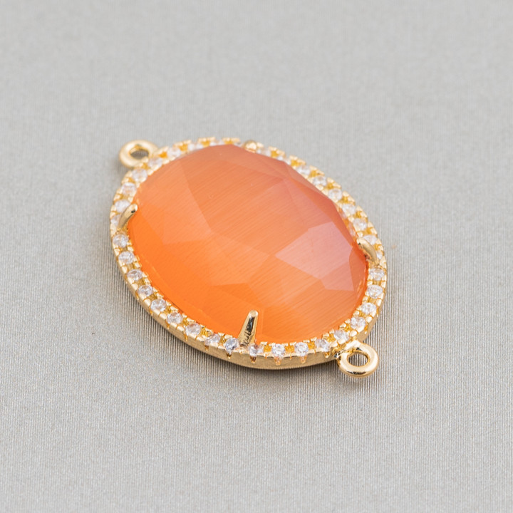 Komponentenverbinder aus Messing mit eingebettetem Katzenauge und Zirkonia Oval 18 x 23 mm Dicke 7 mm mit 2 Ringen 6 Stück Golde