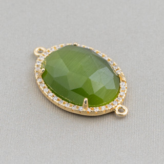 Brass Component Connector with Cat's Eye Set and Oval Zircons 18x23mm Thickness 7mm With 2 Rings 6pcs Golden