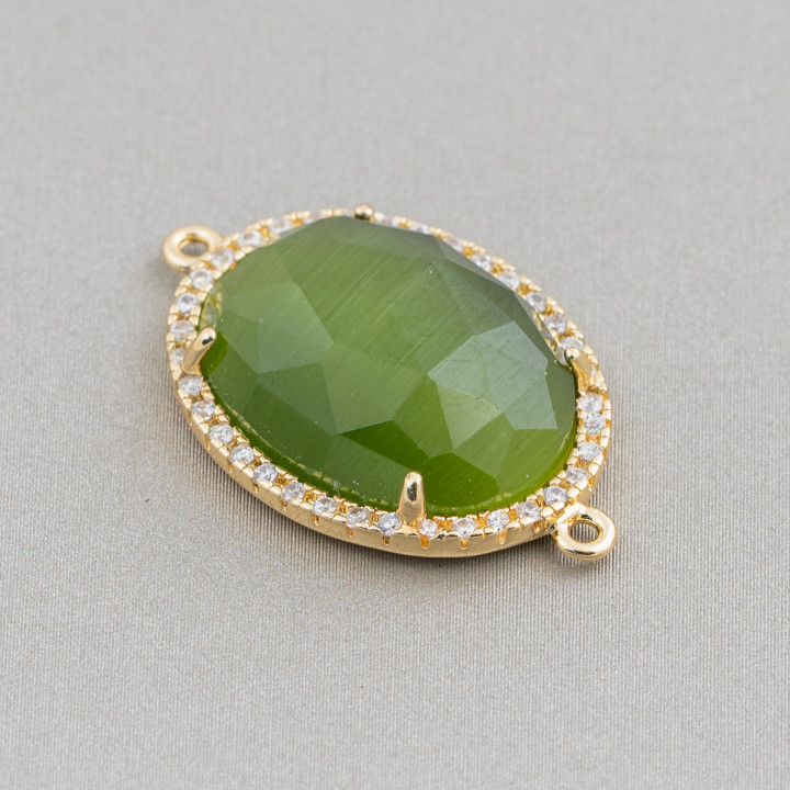 Komponentenverbinder aus Messing mit eingebettetem Katzenauge und Zirkonia Oval 18 x 23 mm Dicke 7 mm mit 2 Ringen 6 Stück Golde