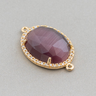 Komponentenverbinder aus Messing mit eingebettetem Katzenauge und Zirkonia Oval 18 x 23 mm Dicke 7 mm mit 2 Ringen 6 Stück Golde