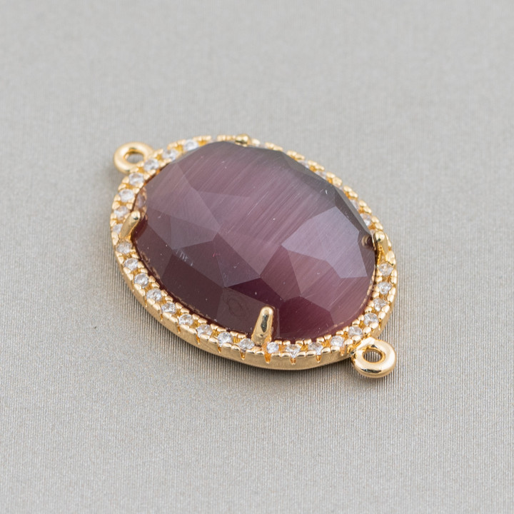 Komponentenverbinder aus Messing mit eingebettetem Katzenauge und Zirkonia Oval 18 x 23 mm Dicke 7 mm mit 2 Ringen 6 Stück Golde