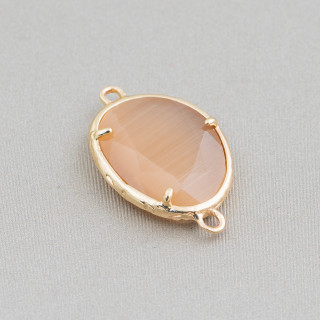 Unregelmäßiger eingebetteter Cat Eye-Messing-Komponentenverbinder 15 x 20 mm 2 Ringe 10 Stück Golden Hellbraun